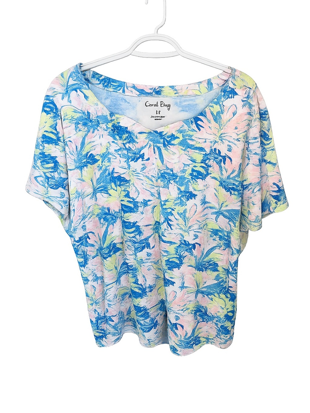 Coral Bay Palm Print Tee in Pale Pink, Sky Blue & Lime Size 1X Coastal Beachy